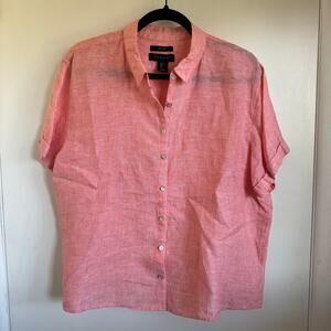 Tahari Womens 100% Linen Short Sleeve Button Up Summer Shirt Top Size Large